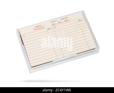 Retro old audio tape cassette in a case isolated on white with clipping path Stock Photo