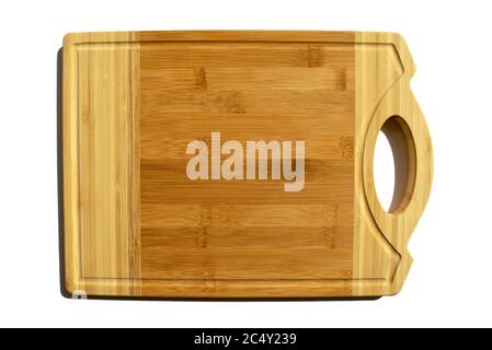 Wooden rectangular cutting board isolated on white background. Top view. Light brown empty chopping board Stock Photo