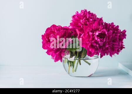 Beautiful burgundy pink peonies stand in a round vase on the table. Light background selective focus. Horizontal frame Stock Photo