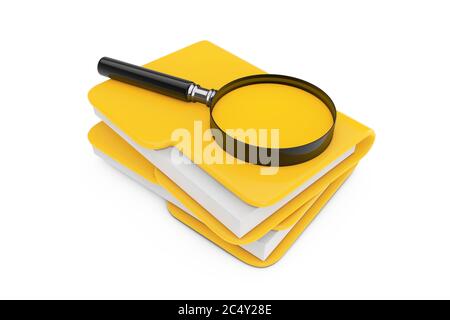 Search Files Concept. Magnifying Glass over File Folders on a white background. 3d Rendering Stock Photo