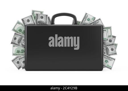 Black Suitcase Full of Hundred Dollars on a white background. 3d Rendering Stock Photo