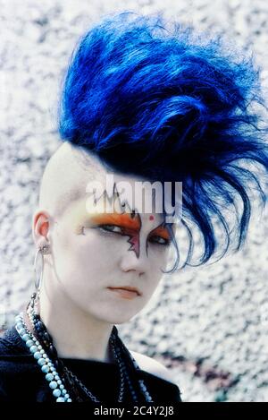 Female punk rocker with blue mohican hair. London. UK. Europe, Circa ...