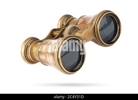 Old binoculars isolated on white background with clipping path. Stock Photo