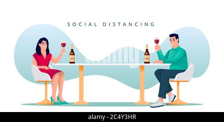 Couple sitting with social distancing in restaurant and drinking wine. Man and woman toasting at the table. Vector illustration. Distance in public pl Stock Vector