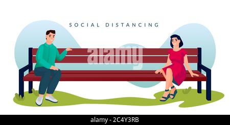 Couple sitting with social distancing on bench in city park. Man and woman spend time outdoor. Vector illustration. New normal distance in public plac Stock Vector