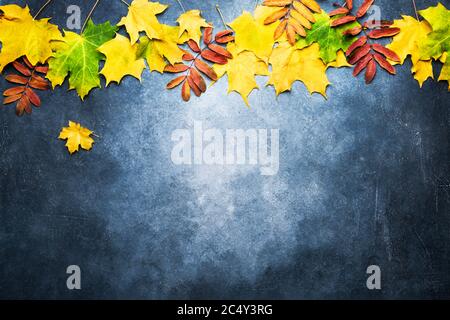 Autumn composition. Border made of yellowand red leaves on blue background. Autumn, fall, thanksgiving day concept. Flat lay, Copy space for text Stock Photo