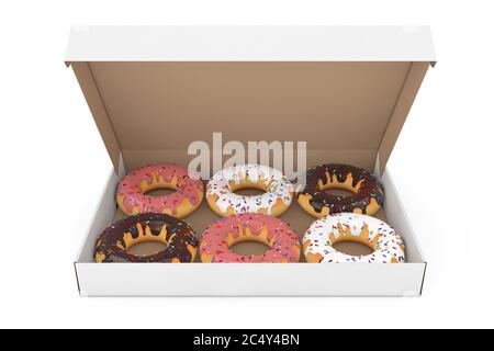 Assorted Sweet Donuts in a Paper Cardboard Box on a white background ...