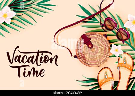 Summer fashion travel accessories on tropical palm leaves background. Vacation time calligraphy lettering. Holiday banner or poster background. Vector Stock Vector