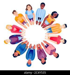 Multiethnic people team standing in circle together, holding hands. Top view vector illustration. Diversity social community, collaboration, teamwork Stock Vector