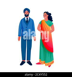 Indian young happy couple in traditional clothing, isolated on white background. Indian woman in colorful beautiful sari and man in suit and turban. V Stock Vector