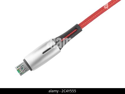 Smartphone Micro USB cable isolated on white background. Connector and socket for PC and mobile devices. Clipping path Stock Photo