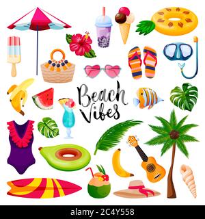 Beach vibes calligraphy lettering, summer travel and tropical design elements set. Vacation holiday icons, isolated on white background. Vector flat c Stock Vector