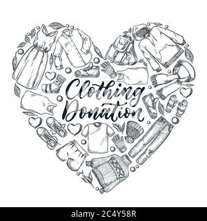Used clothing donation, banner or poster with hand drawn calligraphy lettering. Clothes in heart shape, vector hand drawn sketch icons and design elem Stock Vector