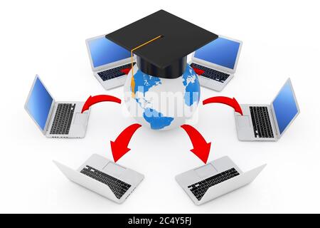 Laptops Arranged in a Circle Around Graduation Academic Cap Earth Globe with Glowing Red Arrows Connections on a white background. 3d Rendering Stock Photo