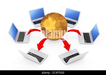 Laptops Arranged in a Circle Around Golden Earth Globe with Glowing Red Arrows Connections on a white background. 3d Rendering Stock Photo