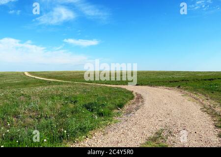 a winding farm dirt road leading through a livestock pasture curving into the distance on a bright sunny day Stock Photo