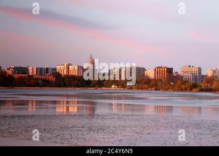 Lake Monona and downtown Madison from Olin Park at night in Madison ...