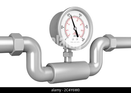 Pressure Gauge Manometer in Industrial Pipe on a white background. 3d Rendering. Stock Photo