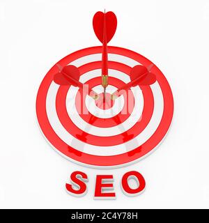SEO Concept. SEO Sign near Darts Hitting The Target on a white background. 3d Rendering Stock Photo
