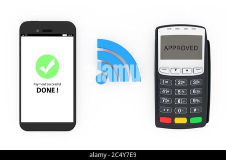 Wireless Payment Concept. Mobile Phone with POS Terminal and Wireless Sign on a white background. 3d Rendering. Stock Photo