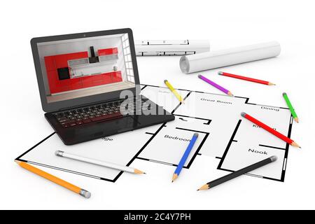 Pencils, Laptop and Blueprints of Housing Project Plan on a white background. 3d Rendering Stock Photo