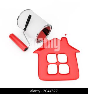 Paint Roller near Red Paint Pouring from Paint Can in House Silhouette on a white background. 3d Rendering Stock Photo