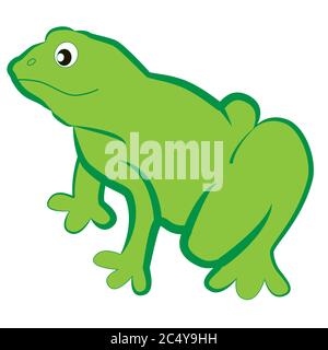 Cartoon green frog in a sitting position isolated white background. Stock Vector