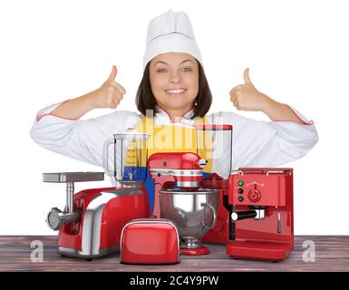 Kitchen Appliances Set. Red Blender, Toaster, Coffee Machine, Meat Ginder,  Food Mixer and Coffee Grinder on a wooden table. 3d Rendering Stock Photo -  Alamy
