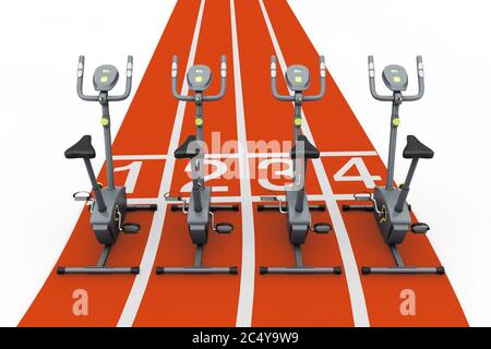 Stationary Exercise Bike Gym Machines over Abstract Bike Track on a white background. 3d Rendering Stock Photo