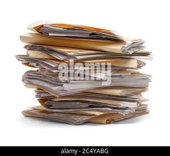 Files stacking up in a messy order isolated on white background. Stock Photo