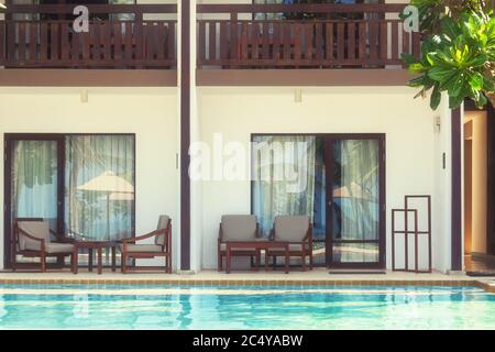 Swimming Pool View to Hotel Living Room extreme closeup in Soft Focus Stock Photo