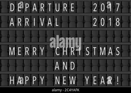 Airport Announcement Flip Mechanical Timetable with Hapy Merry Christmas and Happy New Year Sign extreme closeup. 3d Rendering Stock Photo