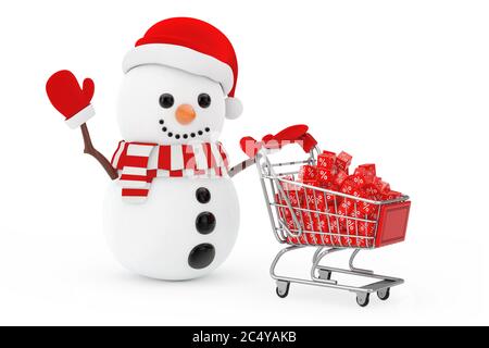 Christmas Sale Concept. Snowman in Santa Claus Hat Driven by a Shopping Cart with Red Discount Cubes on a white background. 3d Rendering Stock Photo