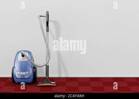 Home Appliance Concept. Modern Vacuum Cleaner in Empty Living Room with Red Carpet extreme closeup. 3d Rendering. Stock Photo