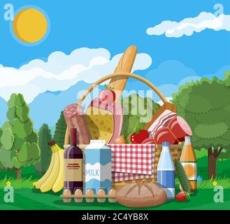 wicker basket fruit wine and juice food picnic vector illustration ...