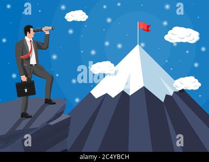 Businessman with briefcase looking for opportunities in spyglass. Business man look up to the target on mountain. Success, achievement, business vision career goal. Flat vector illustration Stock Vector