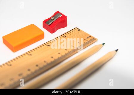 School stationeries isolated on white background with selective focus Stock Photo