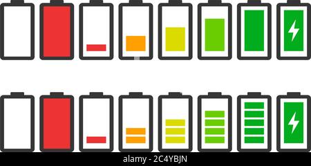 Battery charge indicator icons in vector modern graphics set . Stock Vector