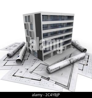 3D rendering of a modern apartment building on top of blueprints Stock Photo