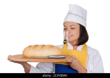 https://l450v.alamy.com/450v/2c4ybmh/beautiful-young-woman-baker-holding-fresh-bread-with-knife-over-wooden-cooking-cutting-board-in-her-hands-on-a-white-background-2c4ybmh.jpg