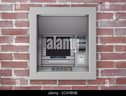 Build In Bank Cash ATM Machine in brick wall. 3d Rendering Stock Photo ...