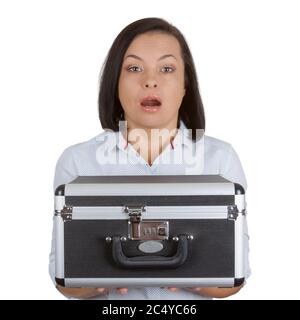 Business Woman Holding an Aluminum Briefcase with Combination Lock on a white background Stock Photo