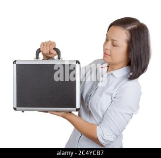 Business Woman Holding an Aluminum Briefcase with Combination Lock on a white background Stock Photo