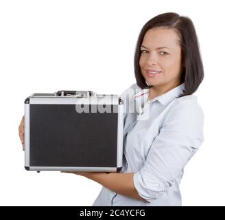 Business Woman Holding an Aluminum Briefcase with Combination Lock on a white background Stock Photo