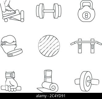 Workout equipment linear icons set Stock Vector