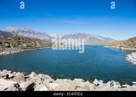 The Long Valley Dam at Crowley Lake a reservoir on the upper Owens River in southern Mono County, California, USA Stock Photo