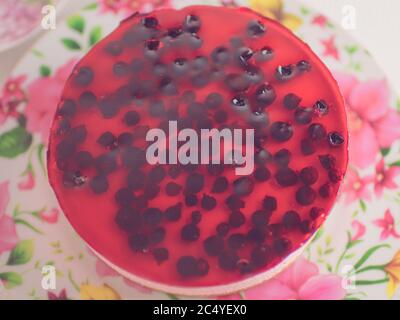 Currant cheesecake in a flower dish. Top view Stock Photo