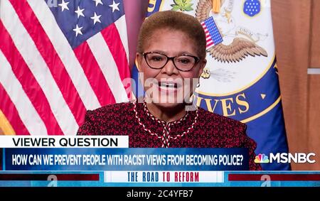 Washington, District of Columbia, USA. 28th June, 2020. A video capture of Congresswoman KAREN BASS (D-CA) on the MSNBC special report entitled 'The Road to Reform.' Bass was one of three members of the Congressional Black Caucus who took questions from the public and discussed reforming police departments across the country in the aftermath of the George Floyd case. Credit: Brian Cahn/ZUMA Wire/Alamy Live News Stock Photo