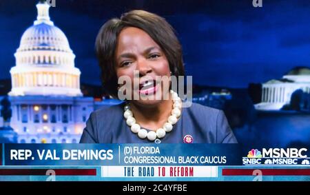 Washington, District of Columbia, USA. 28th June, 2020. A video capture of Congresswoman VAL DEMINGS (D-FL) on the MSNBC special report entitled 'The Road to Reform.' Demings was one of three members of the Congressional Black Caucus who took questions from the public and discussed reforming police departments across the country in the aftermath of the George Floyd case. Credit: Brian Cahn/ZUMA Wire/Alamy Live News Stock Photo