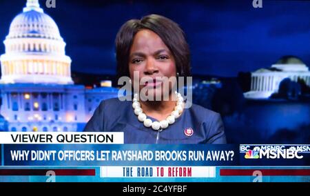 Washington, District of Columbia, USA. 28th June, 2020. A video capture of Congresswoman VAL DEMINGS (D-FL) on the MSNBC special report entitled 'The Road to Reform.' Demings was one of three members of the Congressional Black Caucus who took questions from the public and discussed reforming police departments across the country in the aftermath of the George Floyd case. Credit: Brian Cahn/ZUMA Wire/Alamy Live News Stock Photo